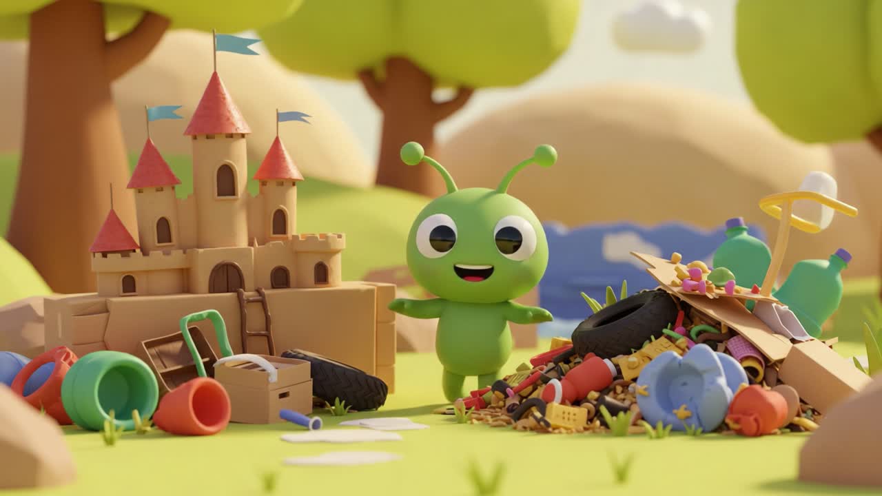 A playful green creature joyfully engages with a vibrant scene featuring a colorful castle made of bricks, surrounded by a variety of discarded toys and waste in a cheerful environment