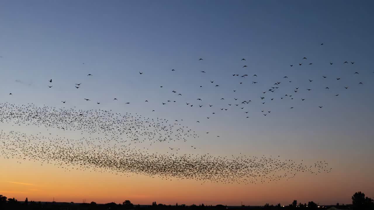 A Spectacular Flock of Birds in Flight Against a Vibrant Dusk Sky, Capturing the Transition from Daylight to Twilight with Graceful Movement and Unity
