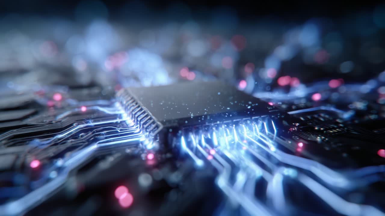 A Close-Up Exploration of a Computer Chip Surrounded by Intricate Circuits and Glowing Lights, Showcasing Advanced Semiconductor Technology and Digital Connections
