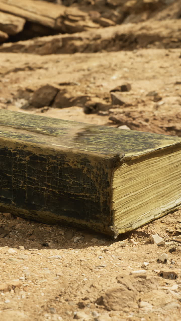 Vecchio libro appoggiato su terreno desertico arido con rocce e sabbia sullo sfondo