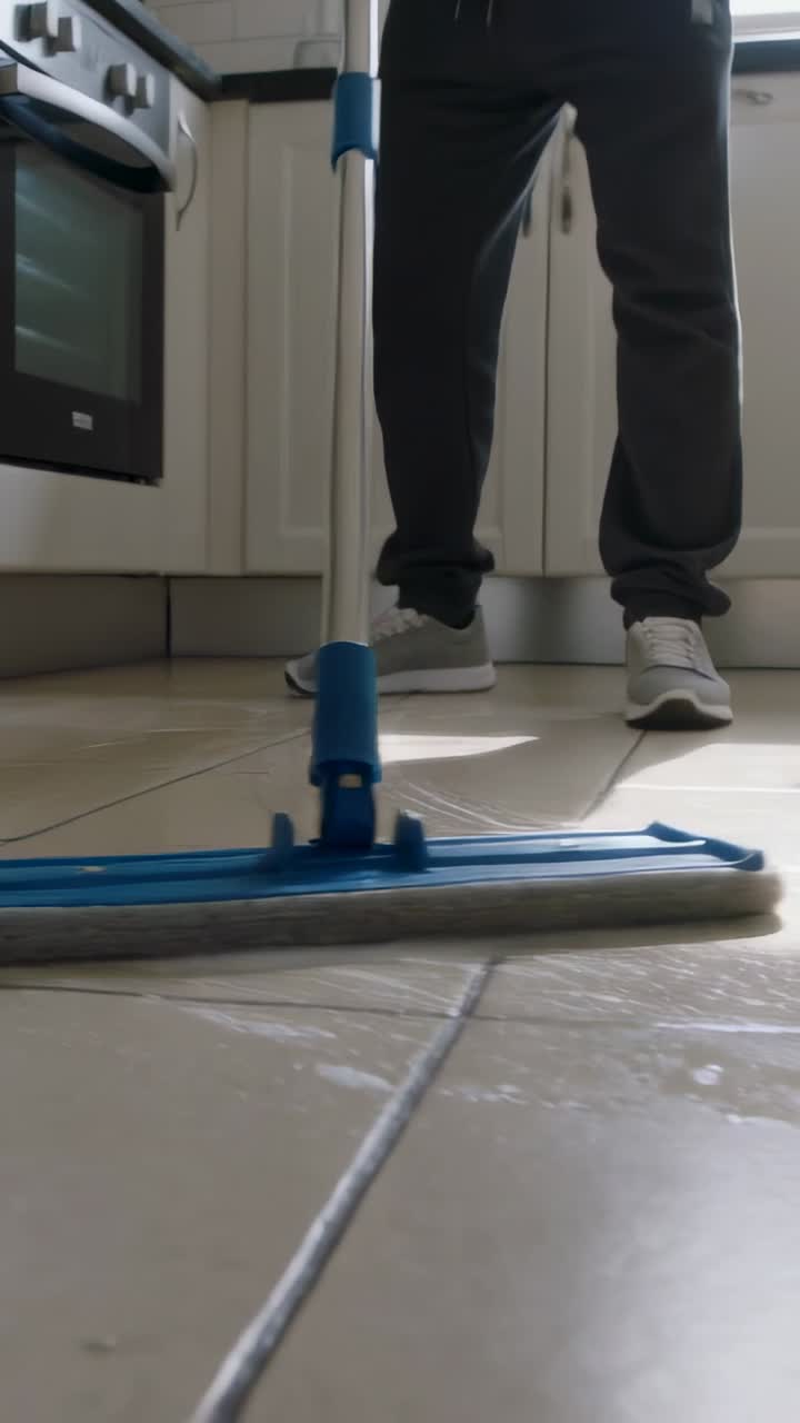 Vertikal video: Mann i joggebukse som mopper kjøkkengulvet med blå mopp som kommer inn i bildet