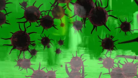 animación de células de covid-19 sobre personas caminando por la calle