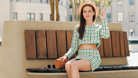 fashion woman posing in the street in jacket and skirt