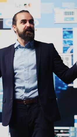 vertical video male entrepreneur leading a visionary business pitch at the convention
