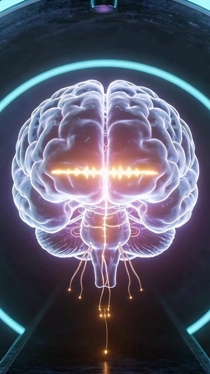Video verticale: ologramma di un cervello pulsante che brilla in un laboratorio circondato da un anello ciano, forma d'onda che inizia mentre la sonda si abbassa
