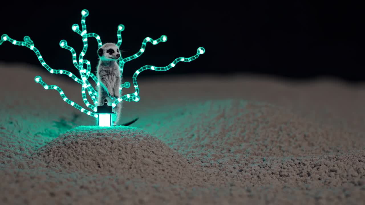 Meerkat Under Glowing Green Lights in Desert