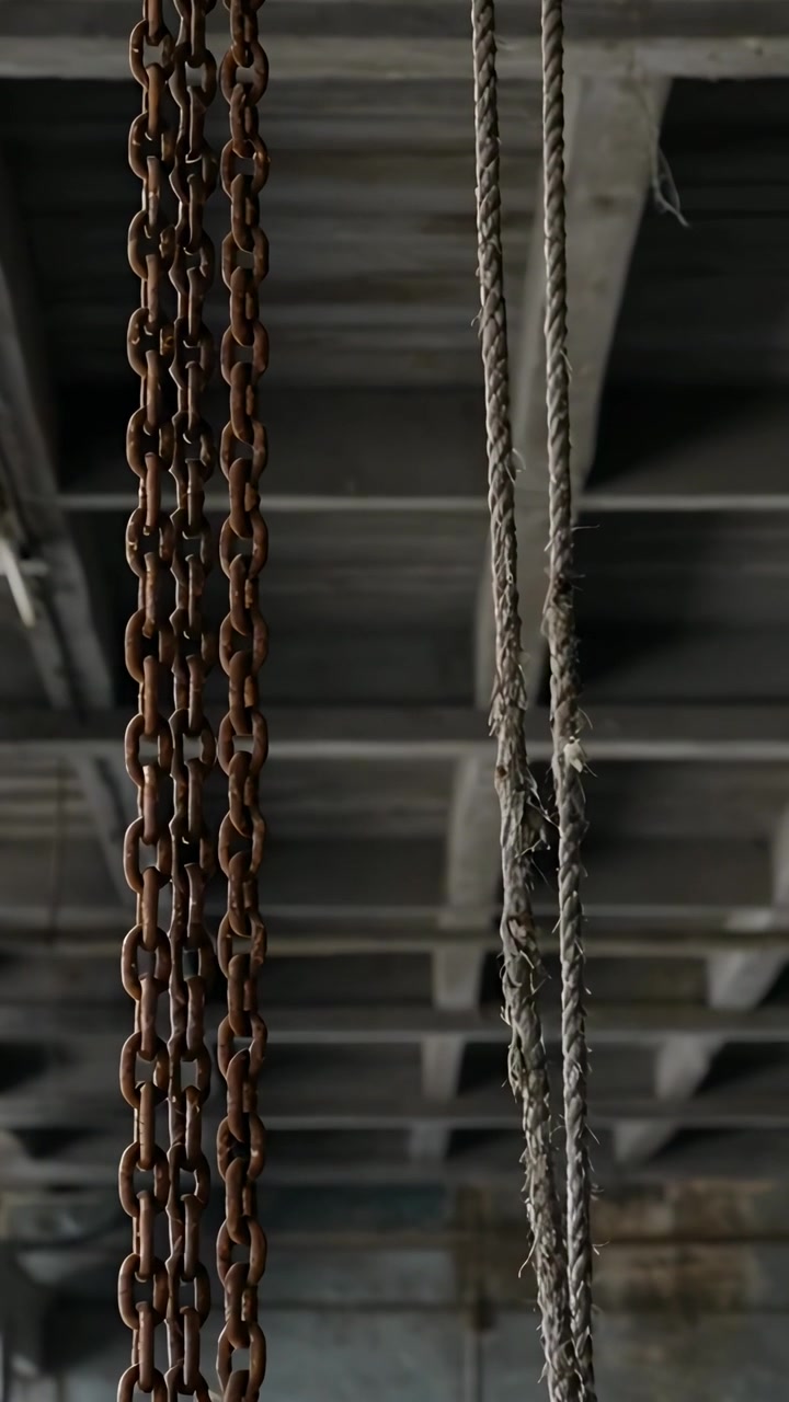 Video verticale: Catene arrugginite e corde di fibra attorcigliate che oscillano a causa di una brezza da sinistra tra travi di cemento