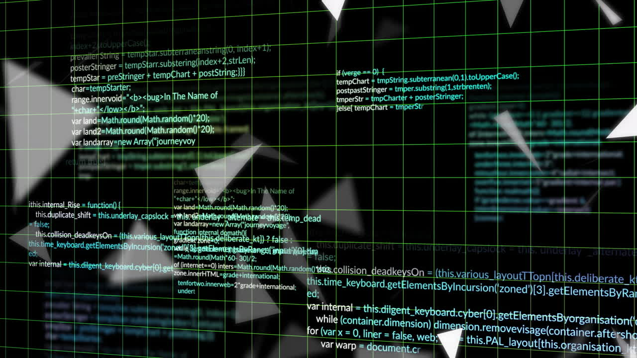 Programming code and geometric shapes animation over grid background