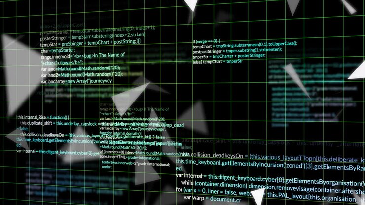 Programming code and geometric shapes animation over grid background