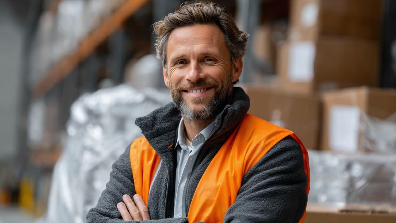 Confident Warehouse Worker in Safety Vest Smiles for the Camera Amidst Stacked Boxes and Supplies, Showcasing Professionalism and Team Spirit in a Busy Environment