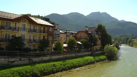 beautiful houses of spa town bad ischl with river traun