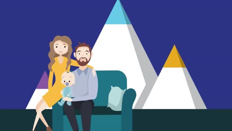 animación del ícono de la familia feliz sobre las montañas