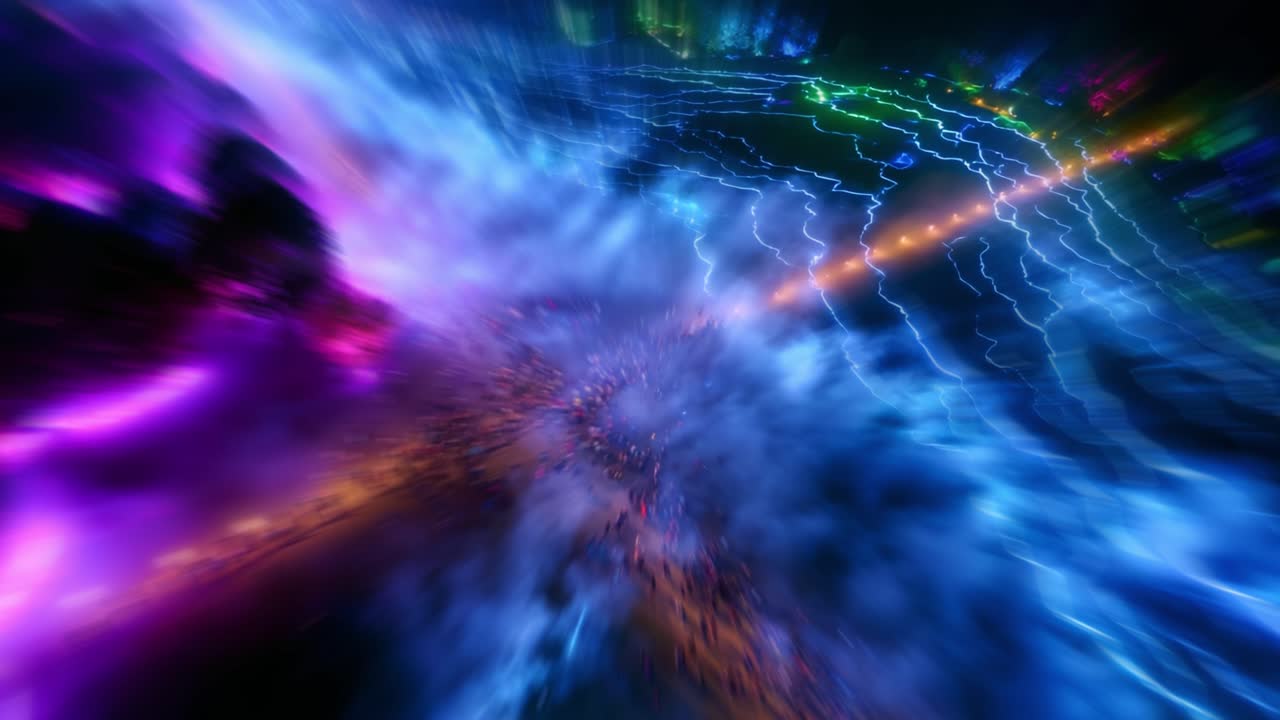 Dynamic Journey Through a Vibrant Cosmic Canvas: A Stunning Visual Exploration of Colors, Light Patterns, and Abstract Forms Capturing the Essence of Motion and Creativity in a Space-Like Environment