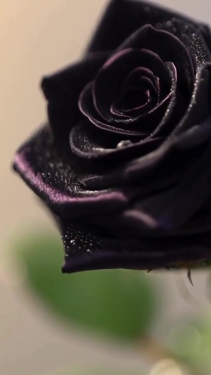 Elegante rosa nera con goccioline d'acqua che cadono lentamente