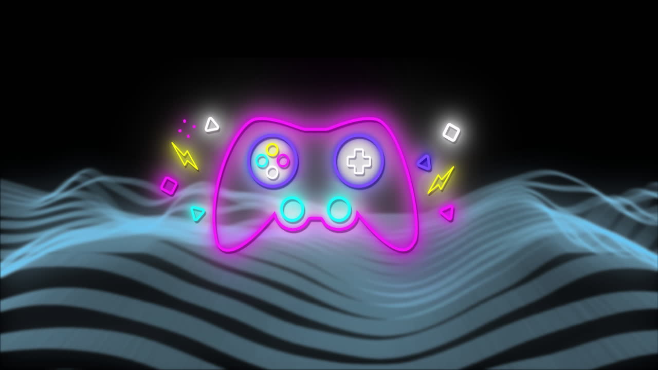 네온 패턴 배경 위에 비디오 게임 패드의 애니메이션