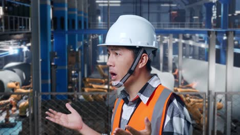 close up side view of asian male engineer with safety helmet standing in factory manufacture of wind turbines. wondering and saying why working doubtfully while robotic arm working