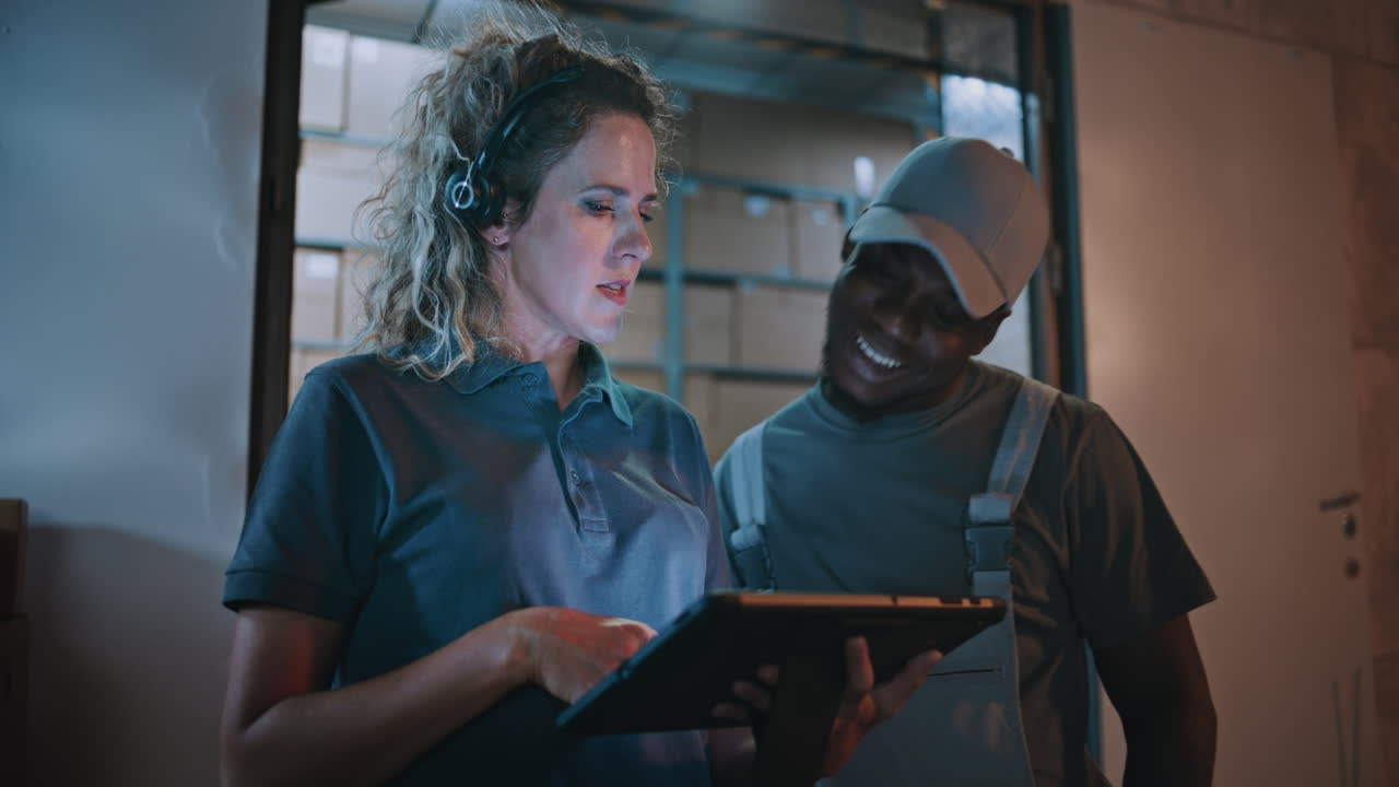 Female warehouse manager using a tablet to discuss operations with a worker
