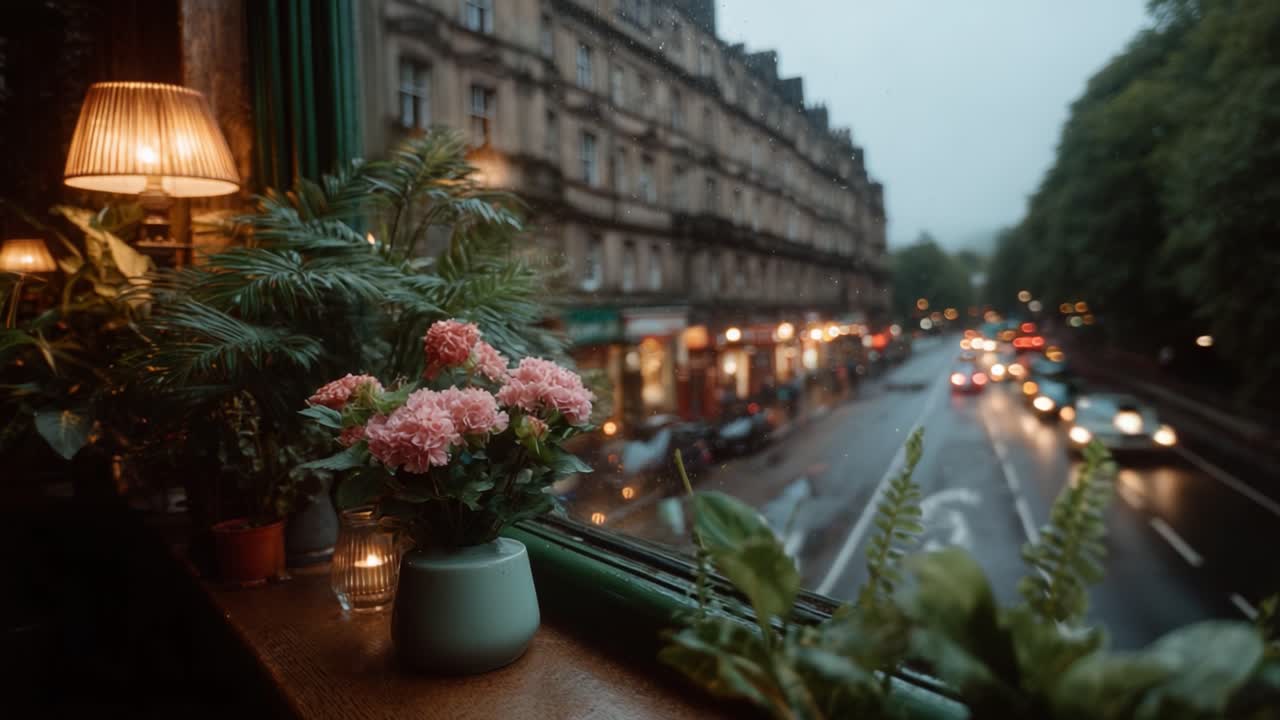 A Cozy Indoor Scene Overlooking a Rainy Street: Blossoming Flowers in Soft Light Framed by a Quaint Window, Capturing Tranquility Amidst Urban Motion