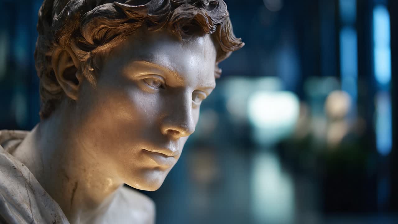 Detaljeret udforskning af en marmorstatue, der indfanger følelser og kunstnerisk mesterskab i et moderne udstillingsrum med stemningsfuld belysning