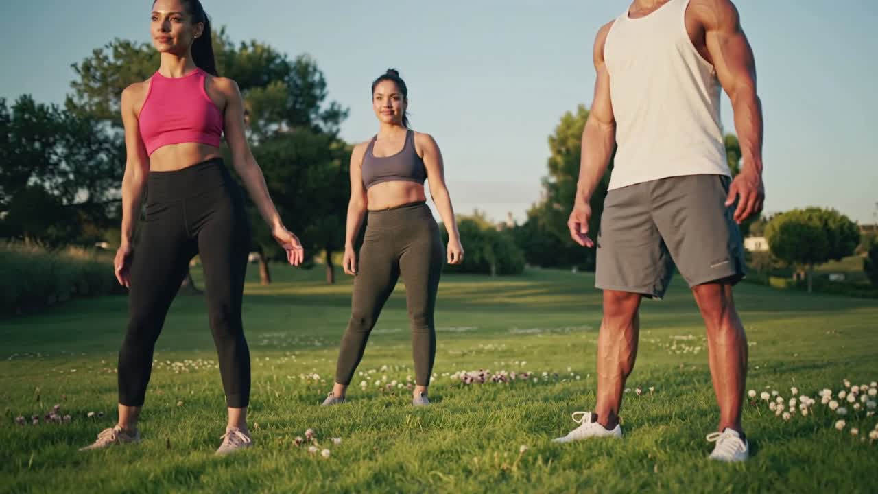 Video vertical: Inicio de calentamiento guiando a un trío en forma que se mueve, se inclina y sonríe en el césped, con ropa deportiva.