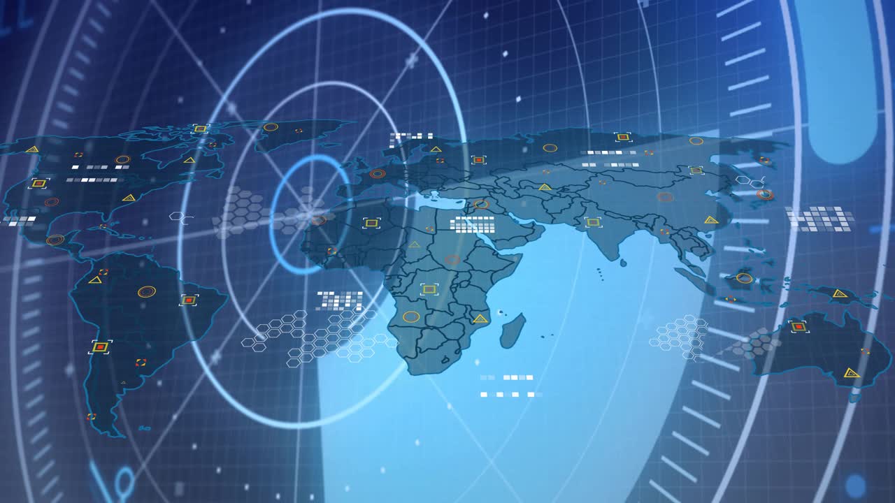 Scanning ray emerging from right rotating and revealing map highlighting regions with data overlays