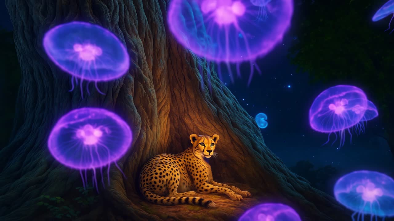Un ghepardo riposa sotto un albero circondato da meduse luminescenti in un video surreale