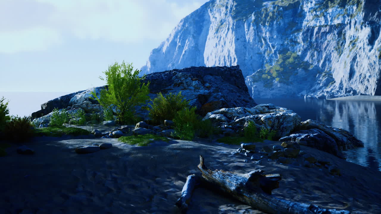 Scenic view of rocky coastline with lush greenery by the water