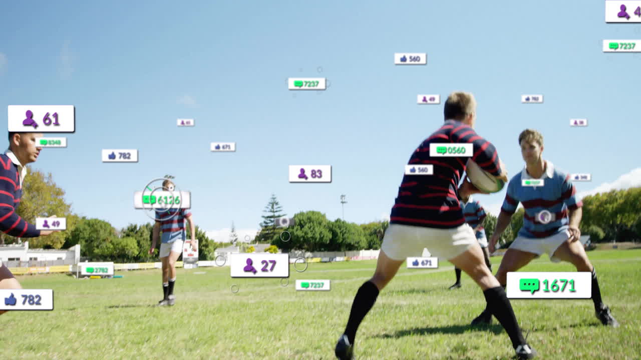 Rugby players on field with social media engagement metrics overlay animation