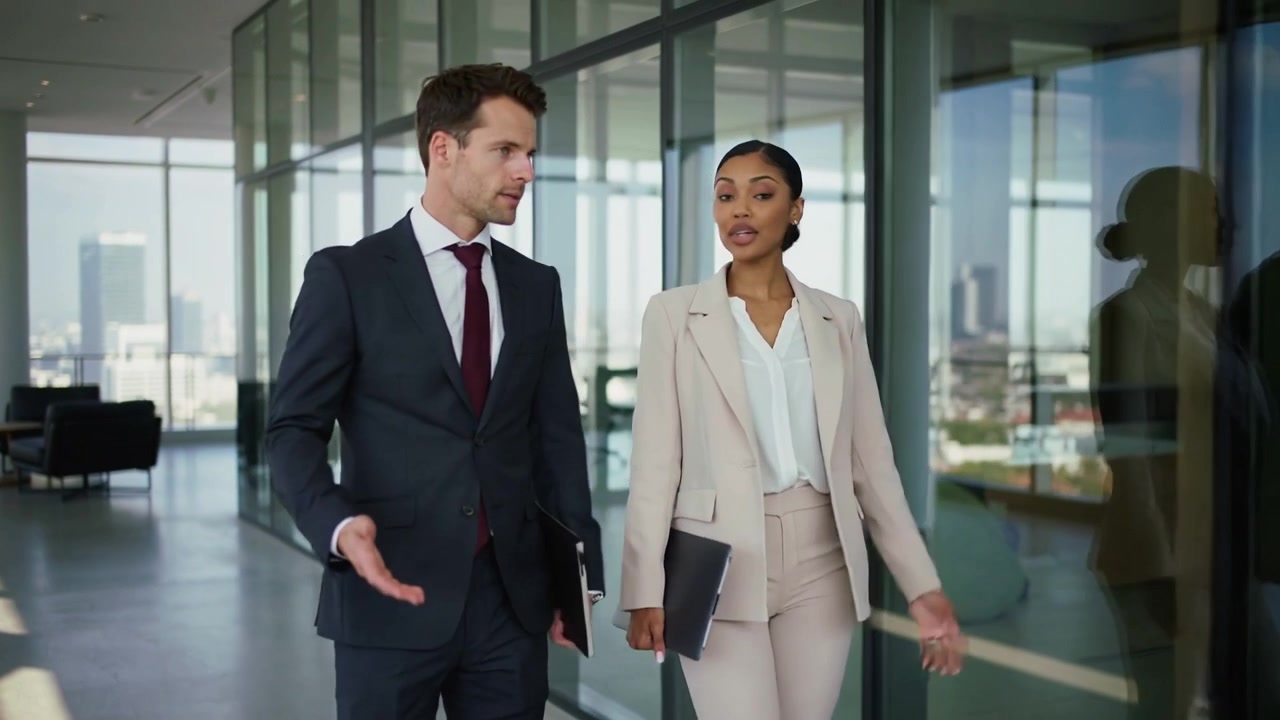 Walking colleagues discussing work, gesturing and replying in suits in glass corridor, with tablets