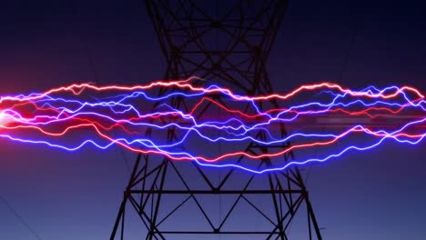 colorful lightning and a power line tower