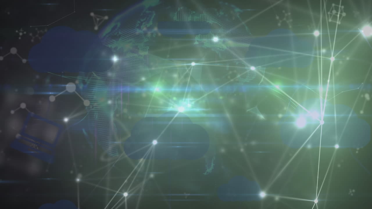 animación de una red de conexiones y moléculas sobre un fondo negro