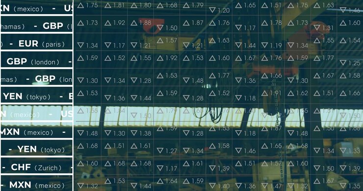 Live markedsfeed opdaterer et finansielt gitter over et værksted med glasfacade, hvor tal skifter og trekanter vender.