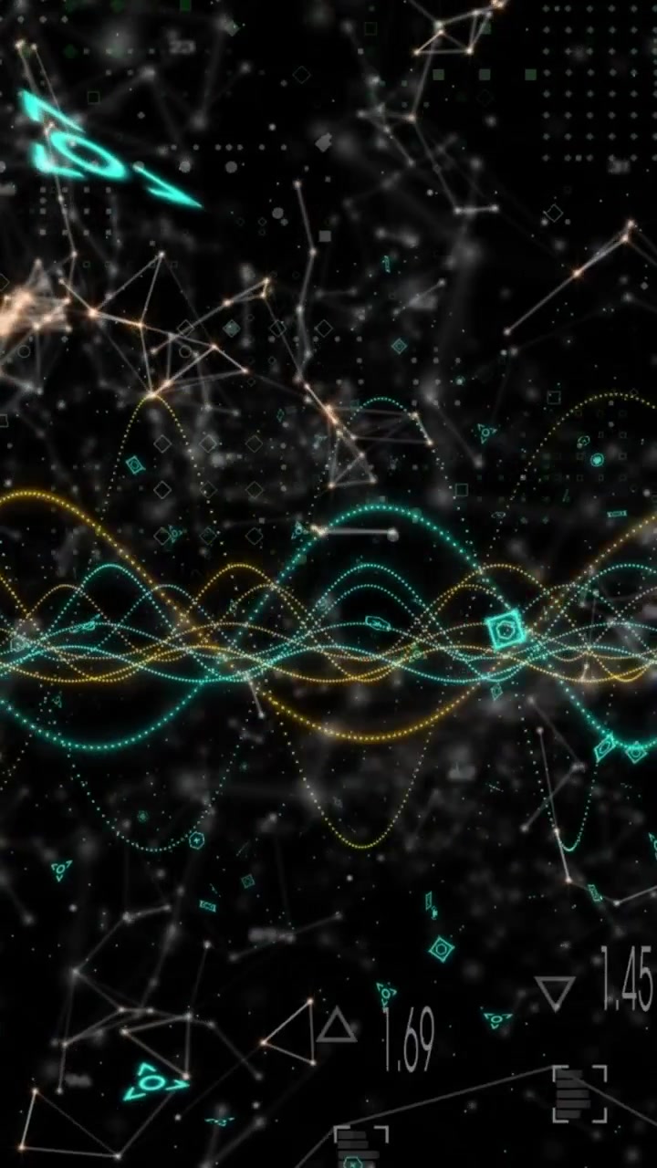 Animation of network of connections and data processing against black background