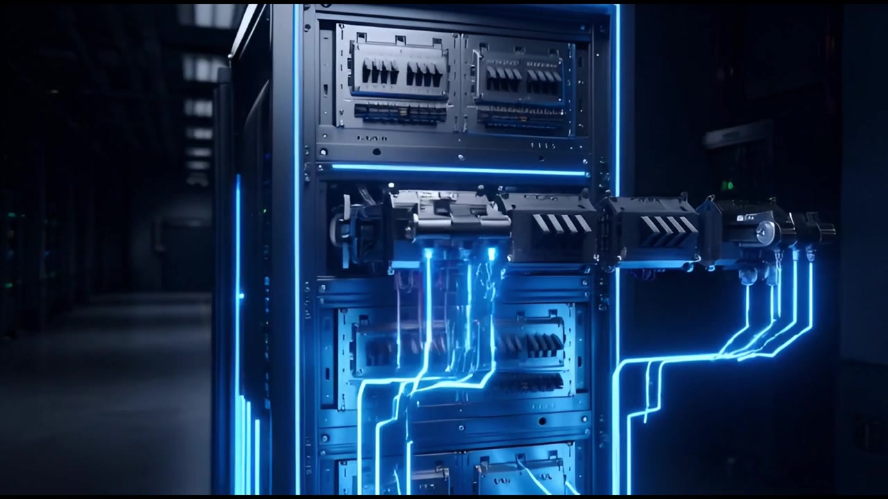 Blue Glowing Data Flowing Through a Server Rack in a Data Center