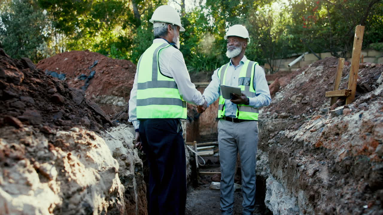 Construction workers shaking hands at a construction site