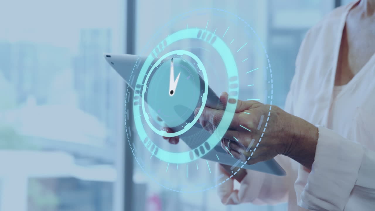 Animation of scope scanning and clock over biracial businesswoman using tablet
