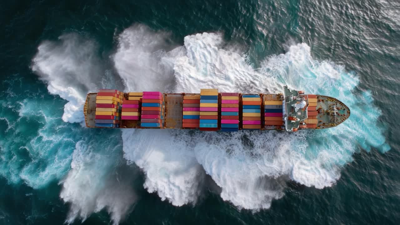 Aerial View of a Container Ship Plowing Through Turbulent Ocean Waves with Colorful Cargo in the Bright Sunlight