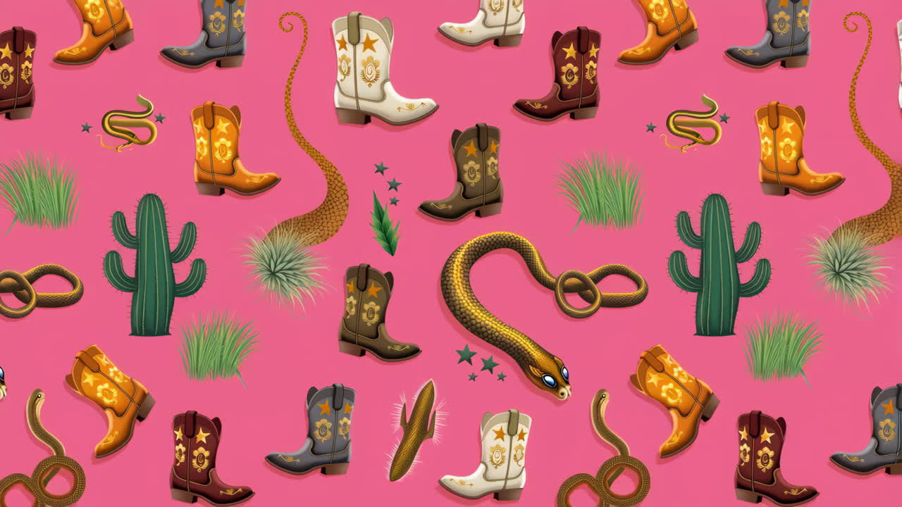 Seamless Western Pattern with Cowboy Boots, Snakes, and Cacti on a Pink Background