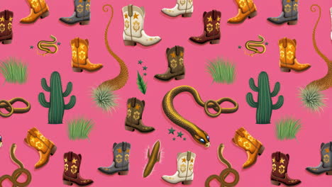 seamless western pattern with cowboy boots, snakes, and cacti on a pink background