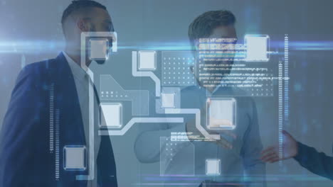 animation of data processing and integrated circuit over diverse businesspeople talking