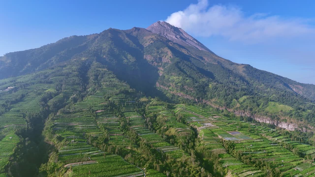 Aerial view of Merapi active volcano with green lush agricultural field