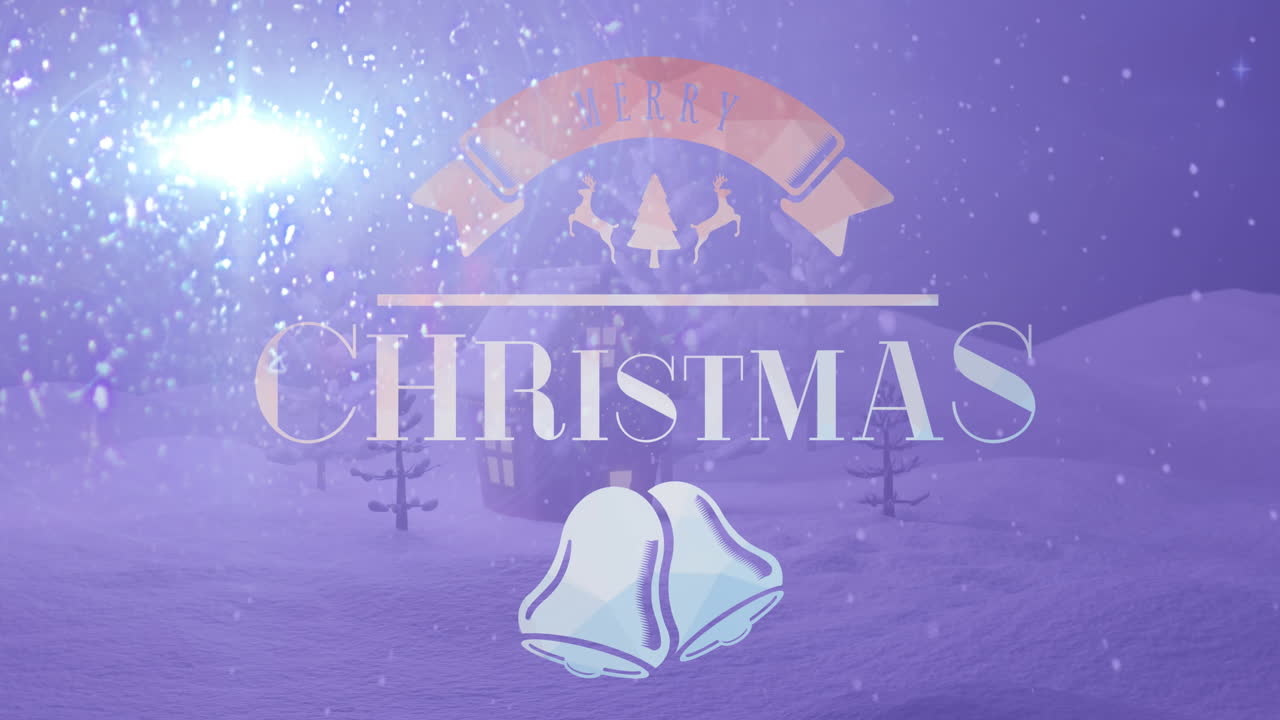 크리스마스 인사 의 애니메이션 텍스트 와 겨울 풍경 에 있는 눈 과 집 위 의 장식