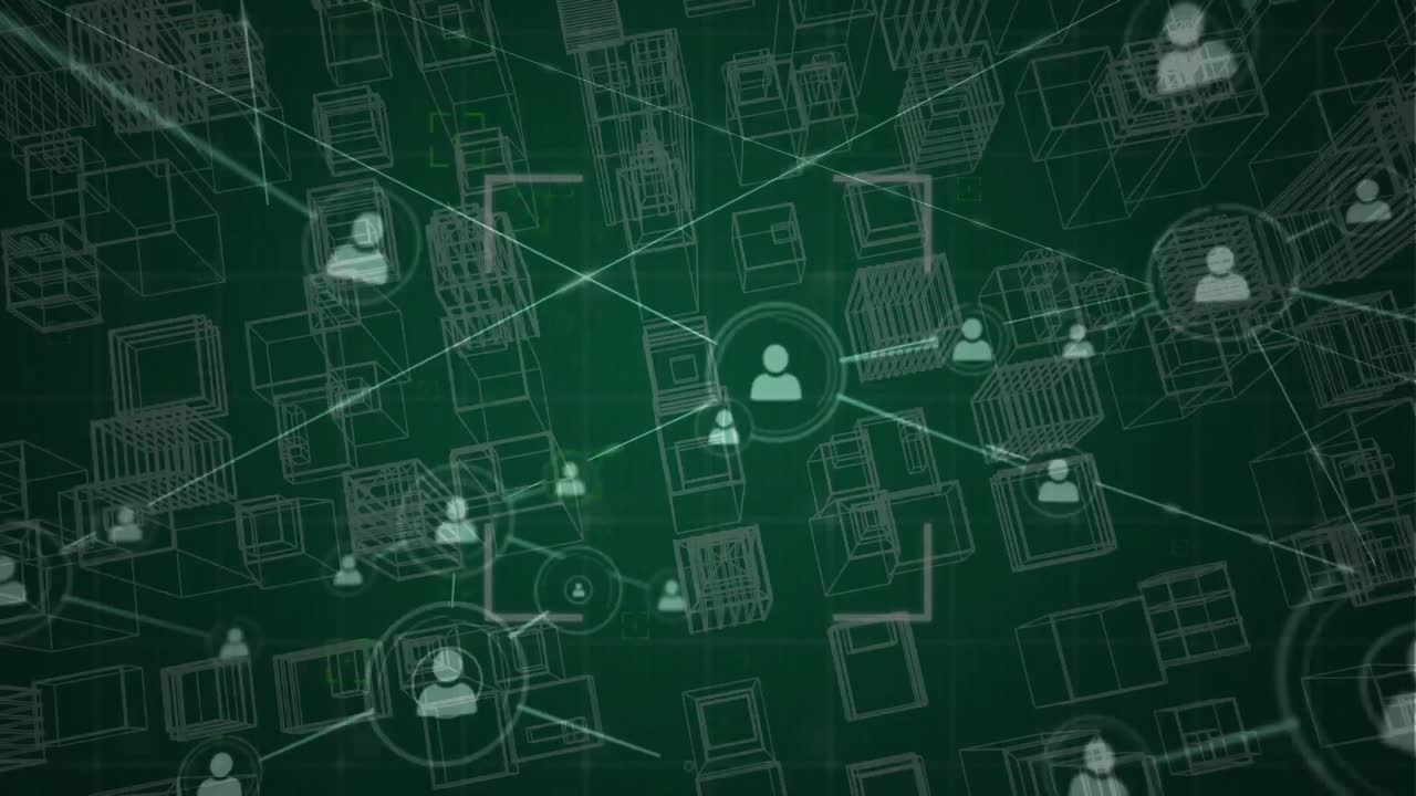 People icons connecting over 3d city drawing