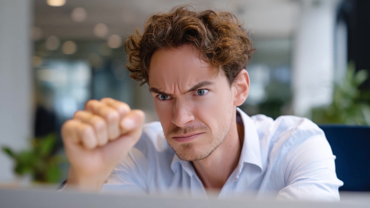 Individuo frustrato che esprime un'emozione intensa con il pugno chiuso e la fronte corrugata mentre è concentrato su uno schermo di computer in un moderno ambiente d'ufficio