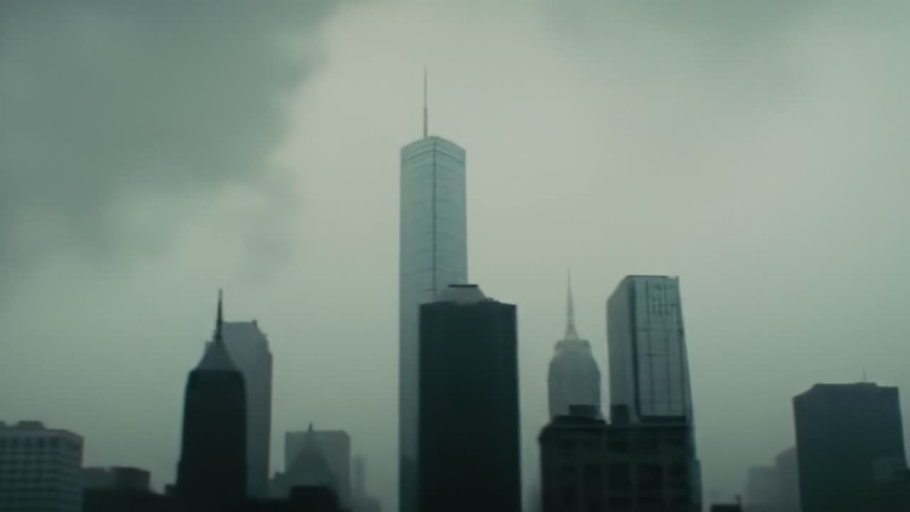Misty Urban Landscape: A Moody Skyline Shrouded in Fog Showcasing Towering Skyscrapers Against a Gray Overcast Sky Amidst a Lush Metropolis
