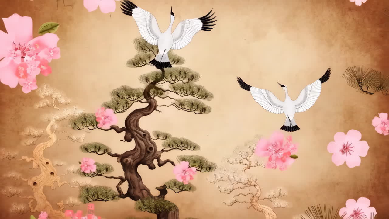 Japanese Art with Cranes and Cherry Blossoms