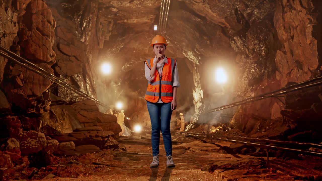 Full Body Of Asian Female Engineer With Safety Helmet Making Shh Gesture In Underground Mine Tunnel