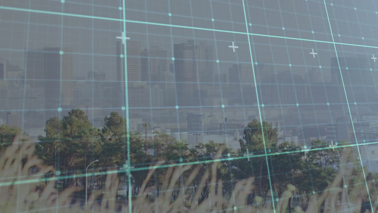 Teal grid activating, sliding and tilting while shifting nodes and scanning grasses, trees, skyline