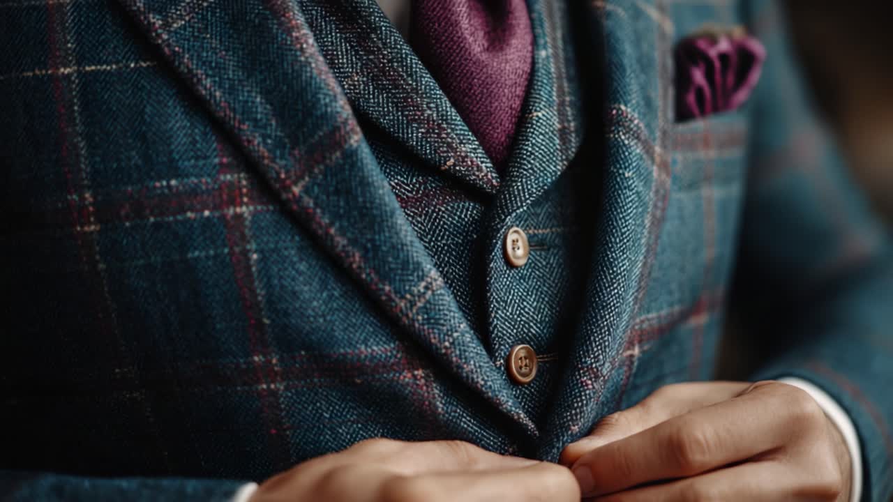 Potret jarak dekat seorang pria bergaya sedang merapikan jasnya yang dibuat khusus, menampilkan keahlian tangan artisanal dan tekstil mewah, dengan palet warna canggih dan detail yang elegan