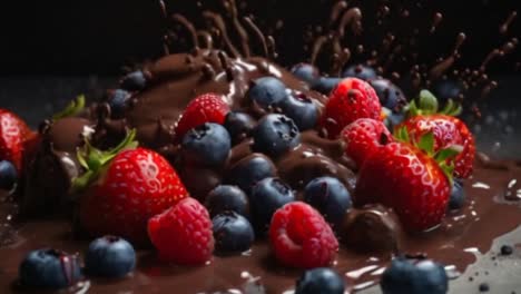 chocolate sauce being poured on blueberries raspberries and strawberries